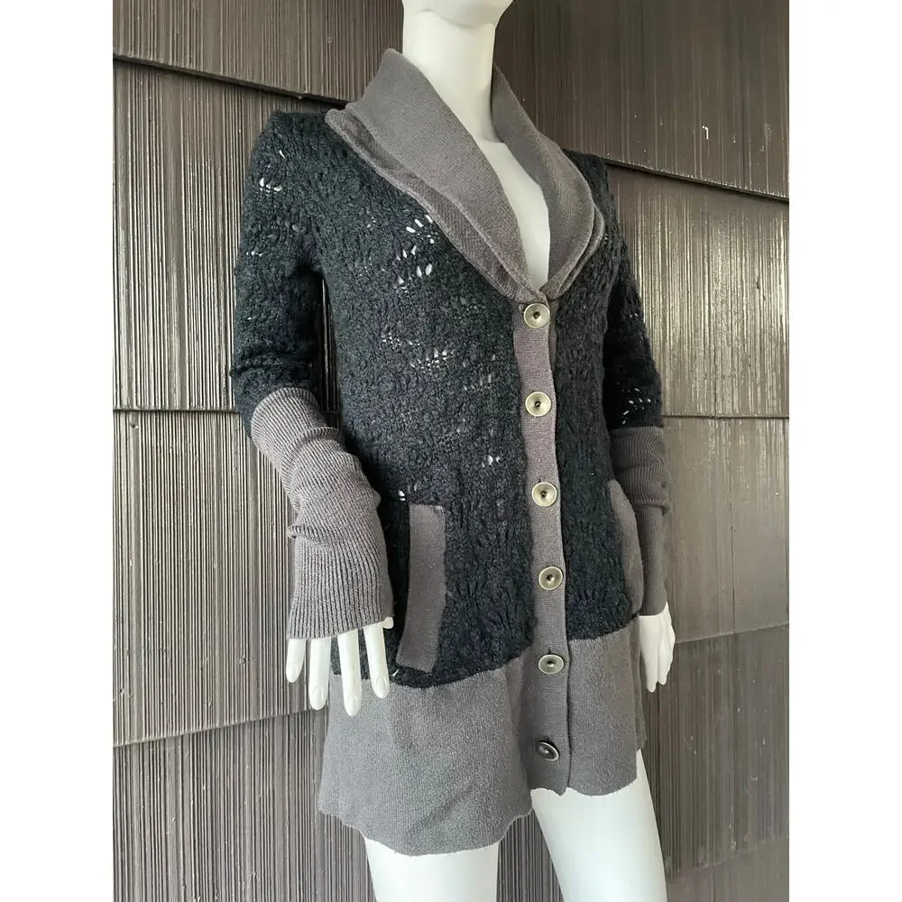 🔥Free People Chunky Knit Two tones Navy & Gray Shawl Neck Cardigan Sweater Sz S - Picture 3 of 16